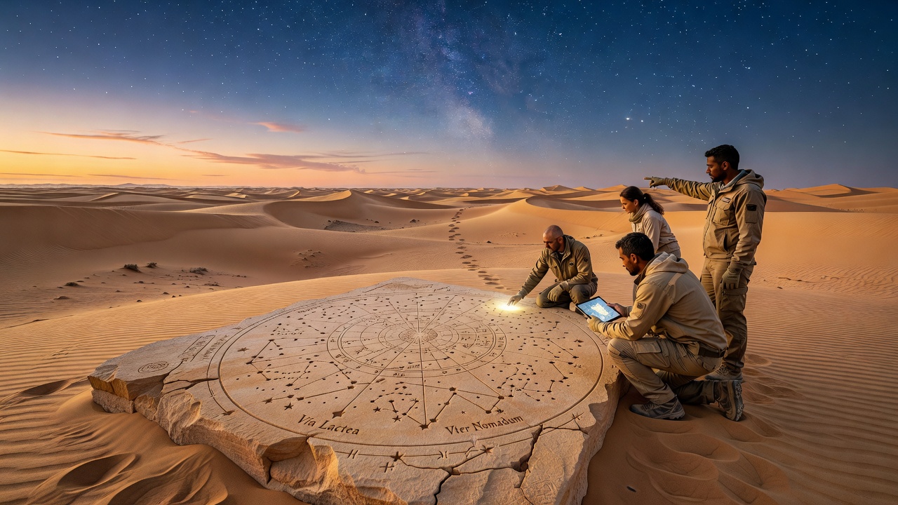 Nomadic travelers using stars for desert navigation